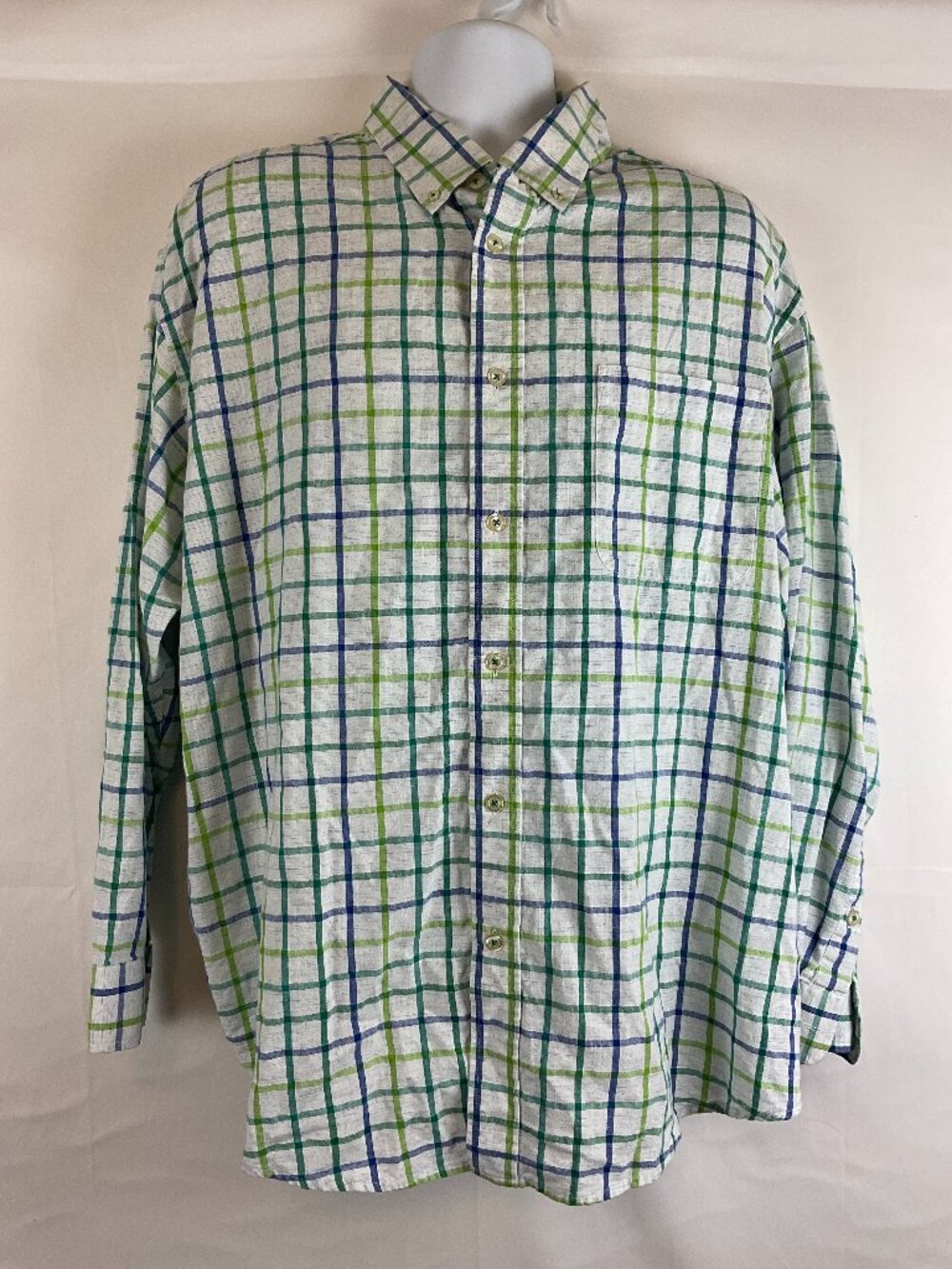 Orvis Men's Shirt XXL White Green Blue Windowpane Plaid Button Front Long Sleeve